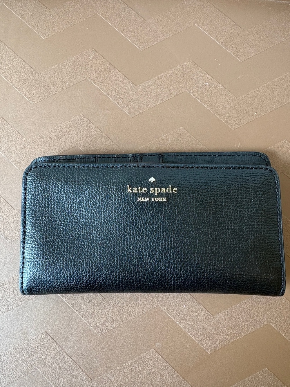 kate spade Black Textured Leather Snap Wallet with Gold Logo